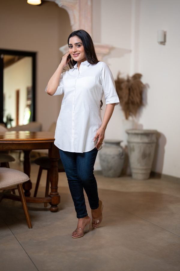 Textured Button Up Long Shirt Blouse - Image 4