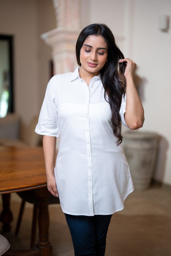 Textured Button Up Long Shirt Blouse - Image 3