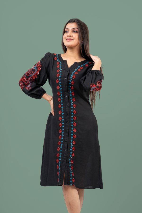 Embroidery Detail Puff Sleeve Short Dress - Image 3