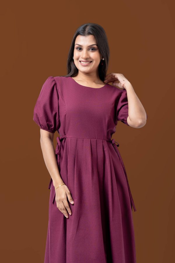 Side Tie-Up Puff Sleeve Front Knife Pleat Detailed Midi Dress - Image 5