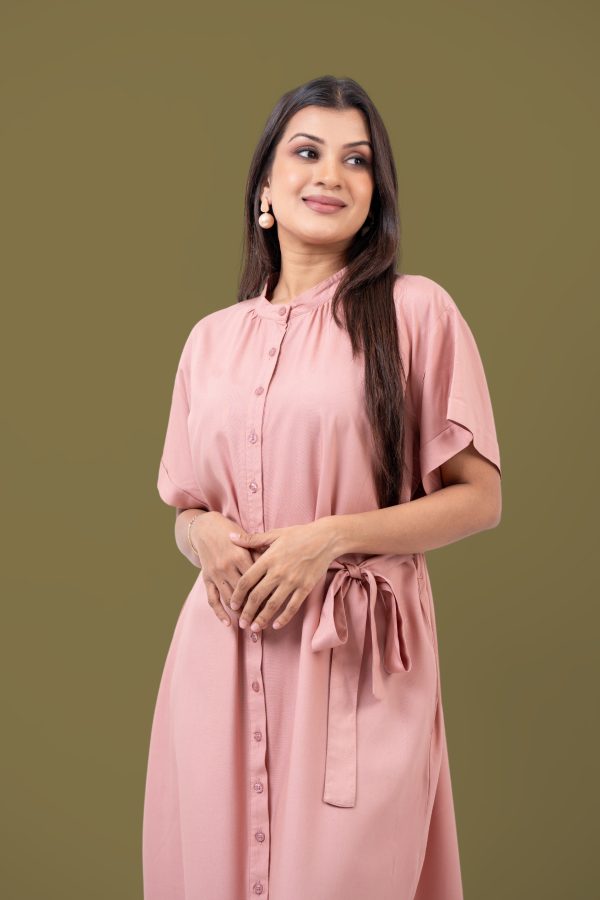 Loose Fitted Maggie Sleeve Front Tie-Up Midi Dress