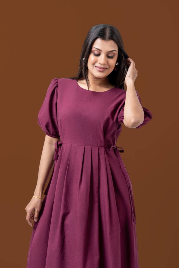 Side Tie-Up Puff Sleeve Front Knife Pleat Detailed Midi Dress - Image 2
