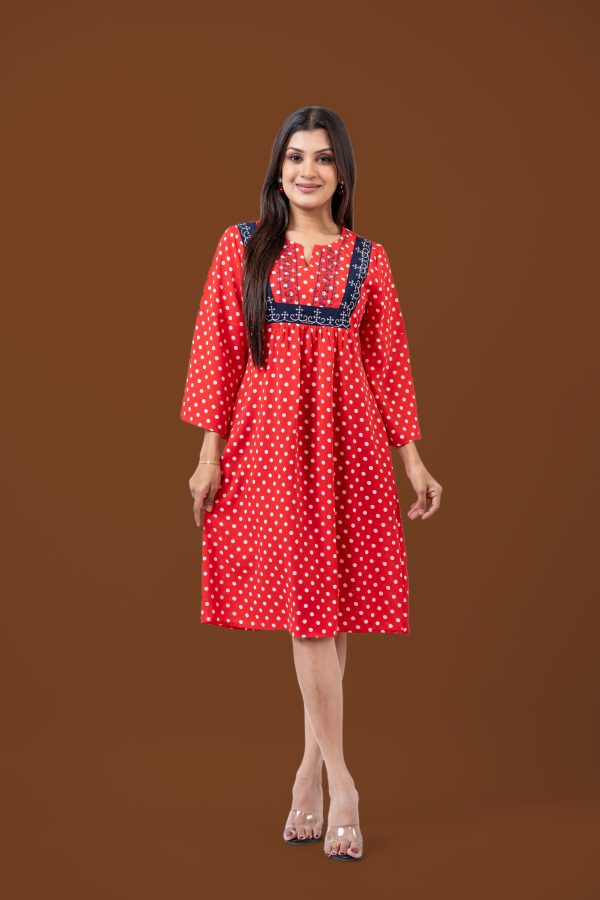 Polka Dot Colour Block Embroidery Detail Short Dress