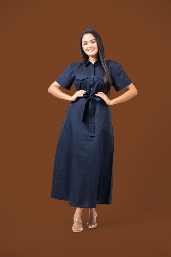 Double Patch Pocket Front Tie-Up Maxi Shirt Dress - Image 3