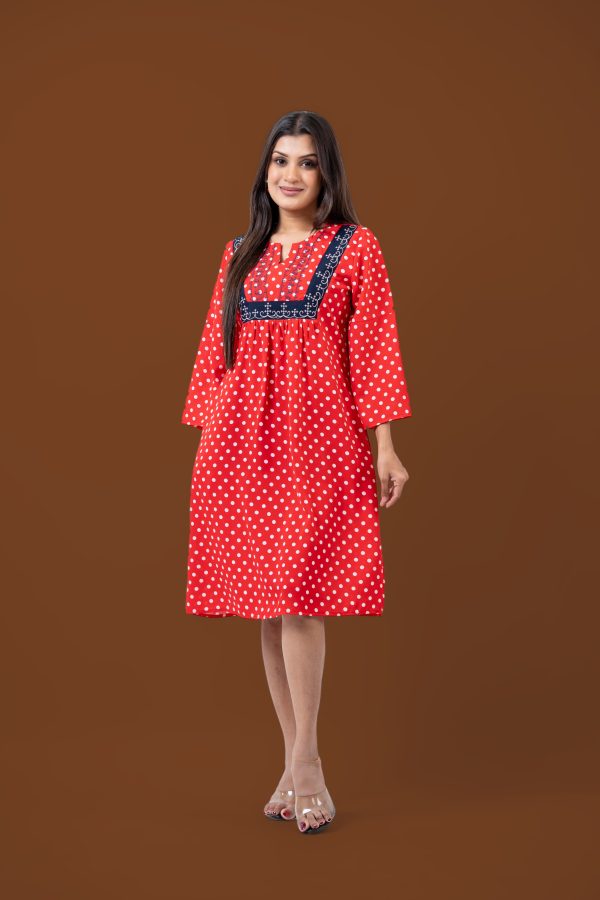 Polka Dot Colour Block Embroidery Detail Short Dress - Image 2