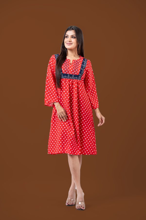 Polka Dot Colour Block Embroidery Detail Short Dress - Image 5