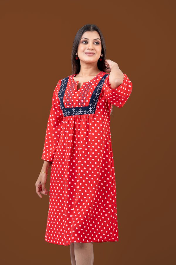 Polka Dot Colour Block Embroidery Detail Short Dress - Image 4