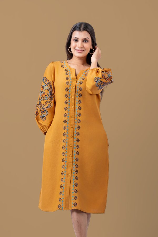 Puff Sleeve Embroidery Detail Short Dress - Image 3