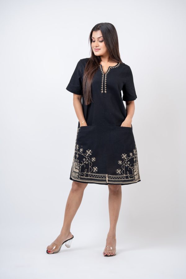 Embroidered Notch Neck Short Dress