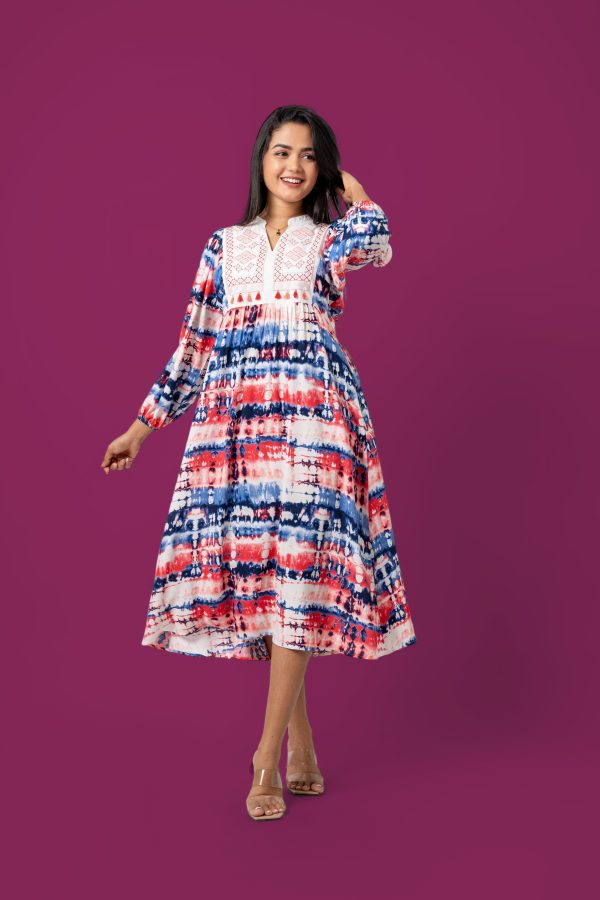 Tie-Dye Patterned Embroidery Detail Midi Dress - Image 5