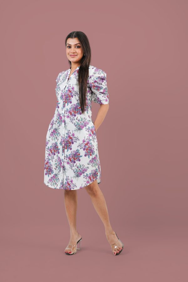 Floral Patterned Puff Sleeve Short Dress - Image 6