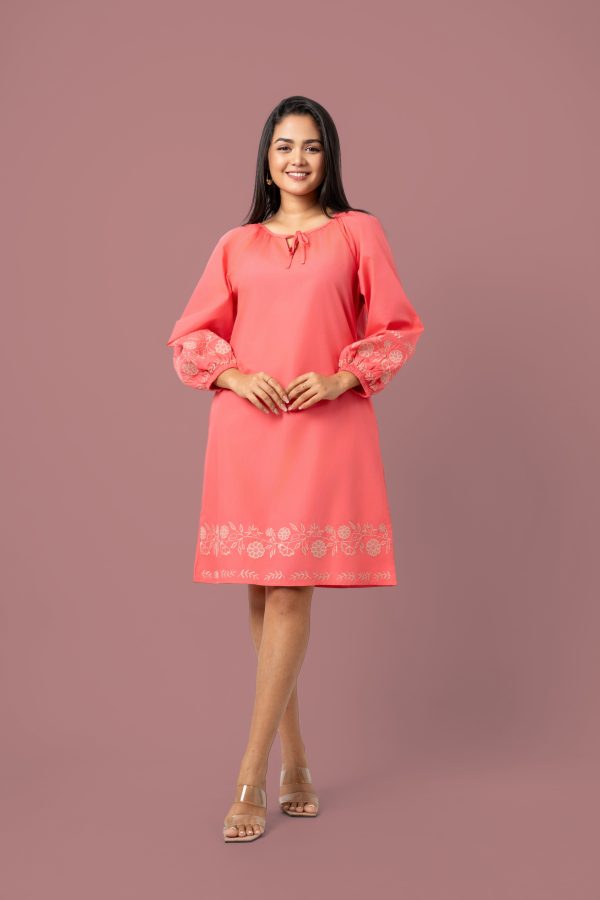 Raglan Puff Sleeve Embroidered Short Dress - Image 2