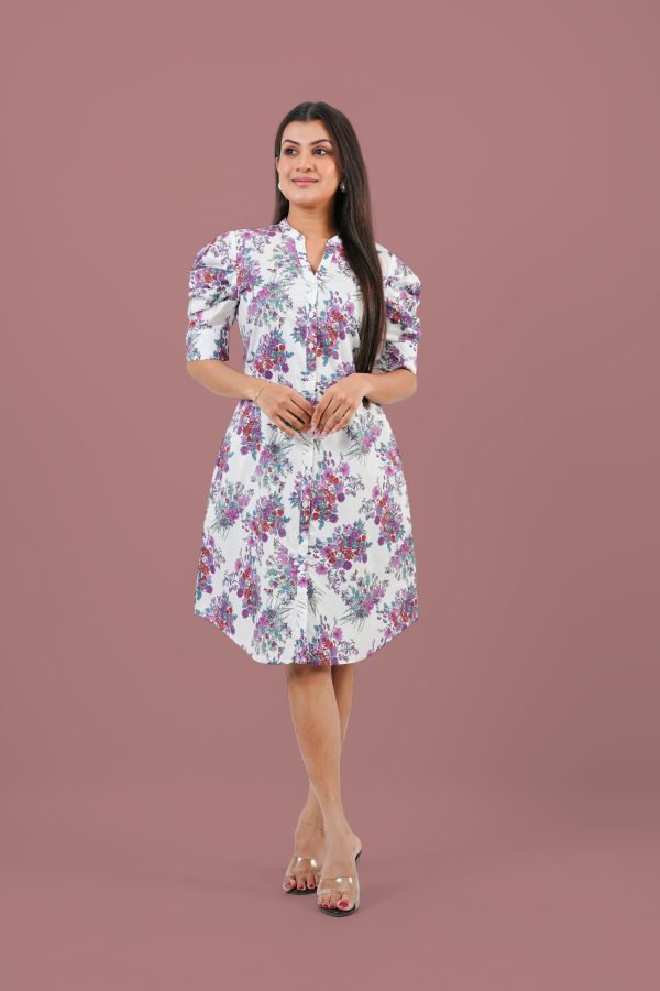 Floral Patterned Puff Sleeve Short Dress - Image 3