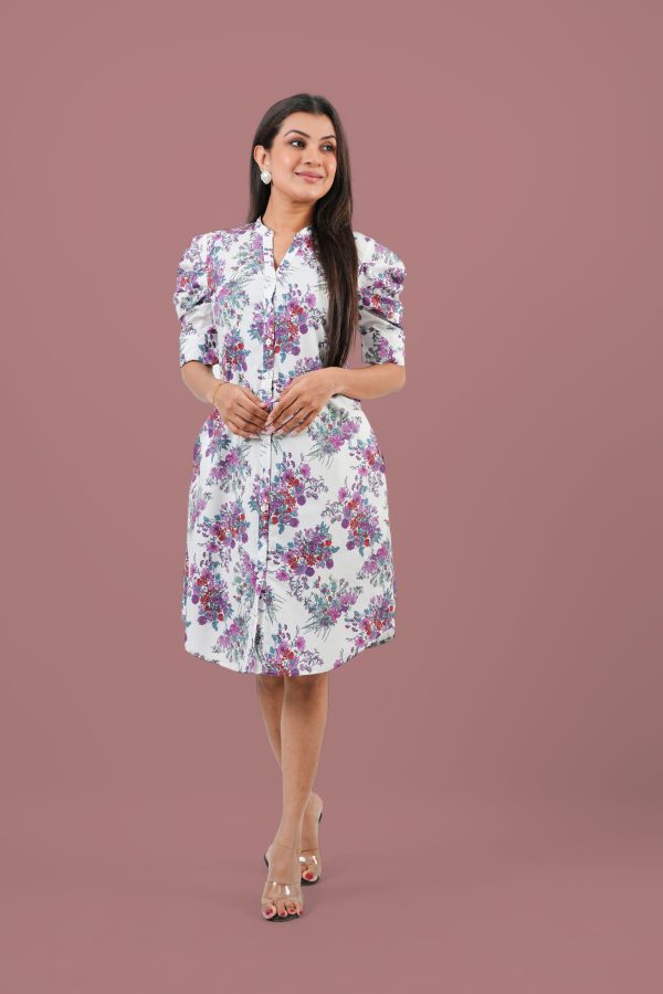 Floral Patterned Puff Sleeve Short Dress - Image 4