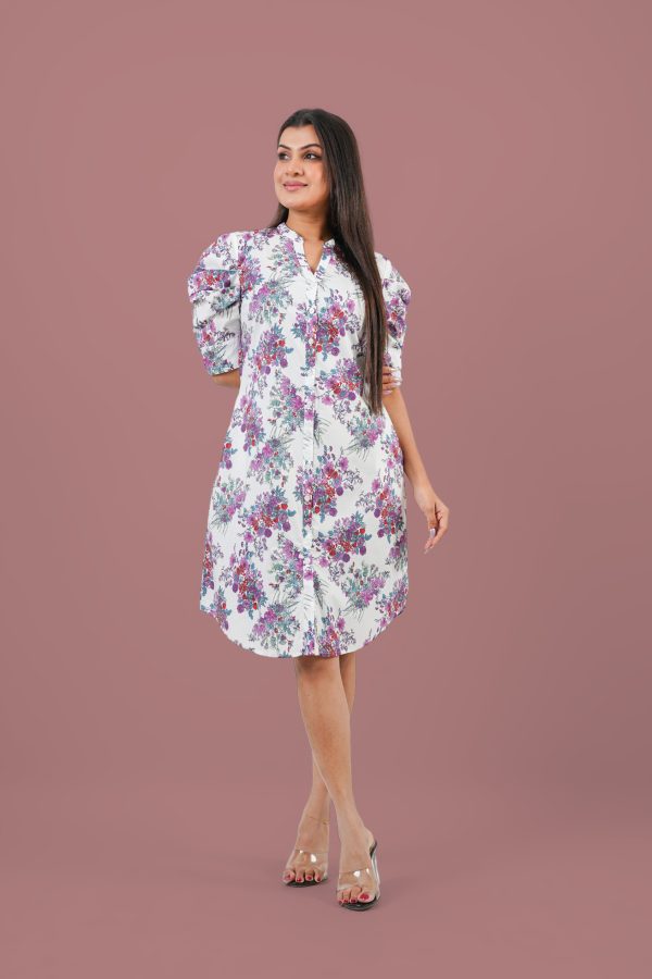 Floral Patterned Puff Sleeve Short Dress - Image 5