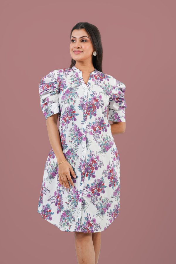 Floral Patterned Puff Sleeve Short Dress - Image 2