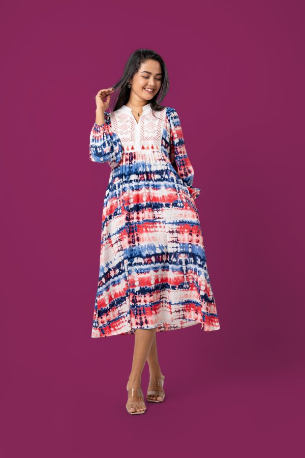 Tie-Dye Patterned Embroidery Detail Midi Dress - Image 6