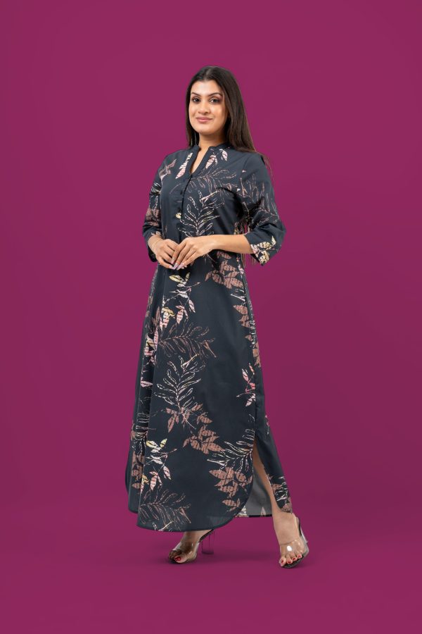 Leaf Patterned Maxi Shirt Dress - Image 4
