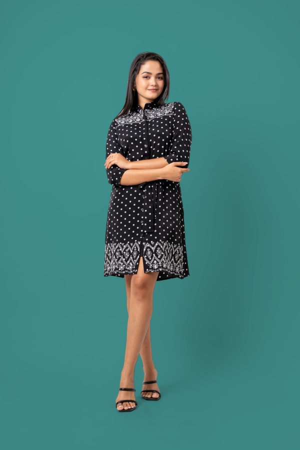 Embroidered Polka Dot Short Shirt Dress - Image 6
