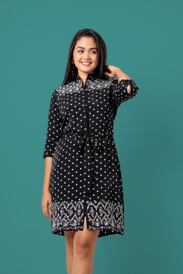 Embroidered Polka Dot Short Shirt Dress