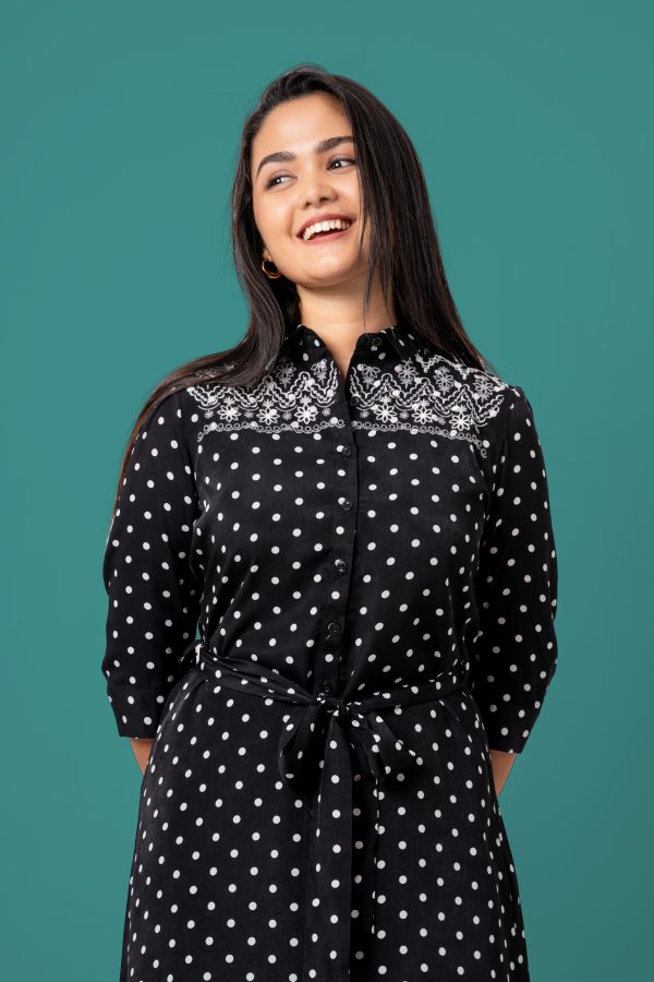 Embroidered Polka Dot Short Shirt Dress - Image 3