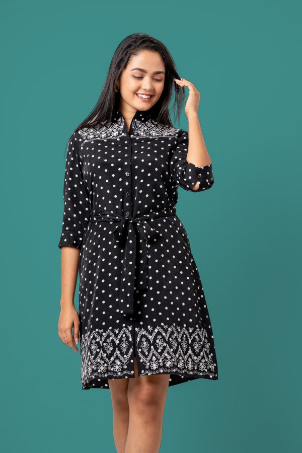 Embroidered Polka Dot Short Shirt Dress - Image 2