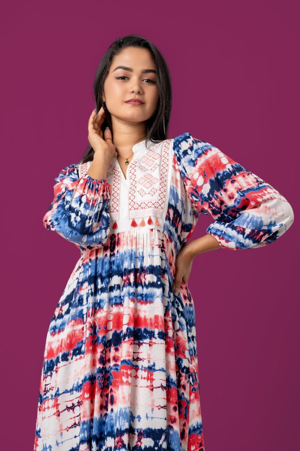 Tie-Dye Patterned Embroidery Detail Midi Dress - Image 2