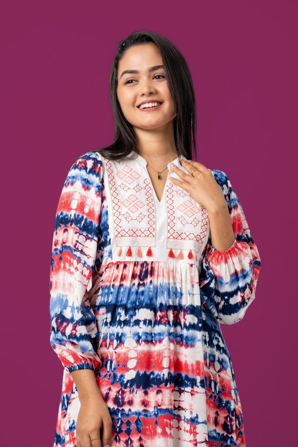 Tie-Dye Patterned Embroidery Detail Midi Dress - Image 4
