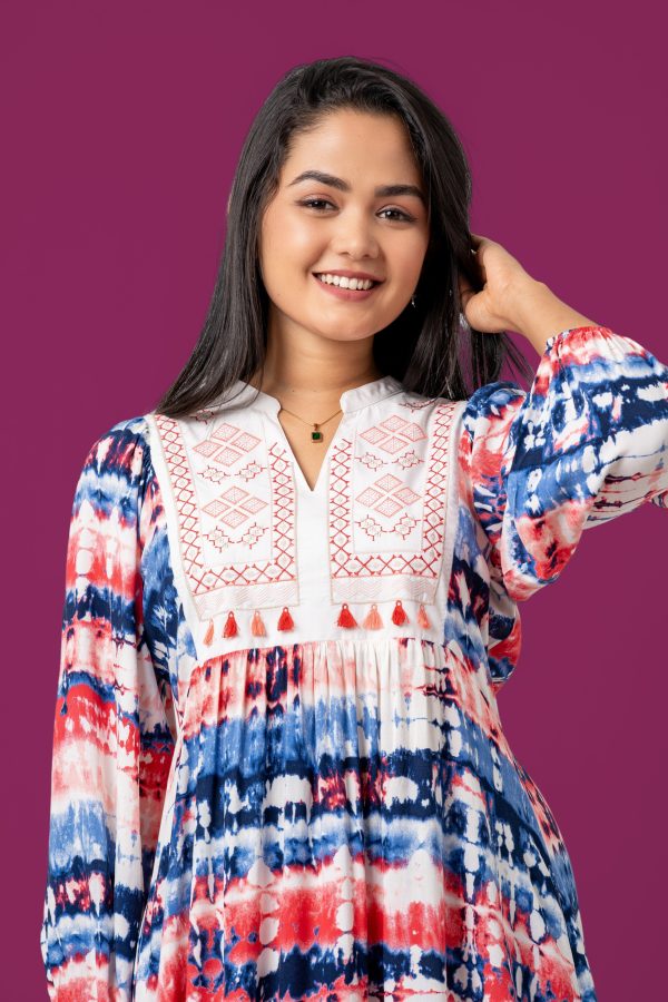 Tie-Dye Patterned Embroidery Detail Midi Dress - Image 3
