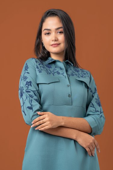 Flap Detail Embroidered Short Shirt Dress