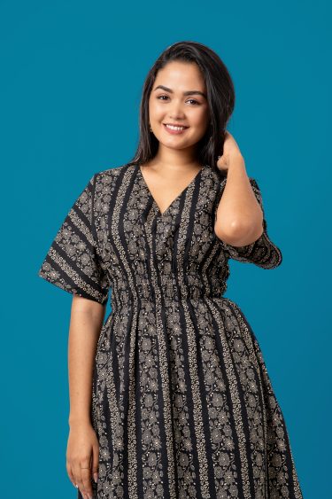 Waist Gather Detail V-Neck Midi Dress