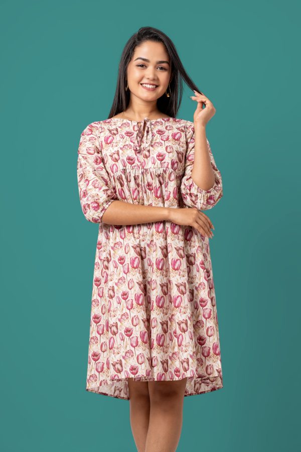 Tulip Patterned Tie-Up Detail Short Dress - Image 2