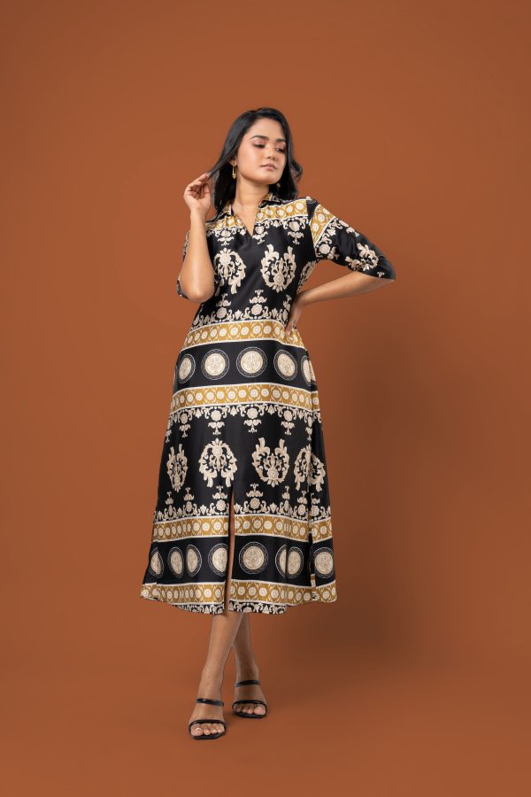Slit Detail Collared Satin Midi Dress - Image 5