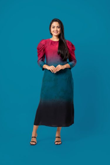 Puff Sleeve Ombré Maxi Dress
