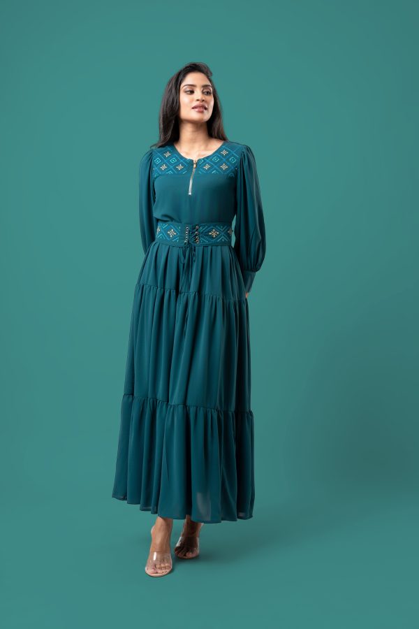 Embroidered Corset Belt Detail Maxi Dress - Image 3