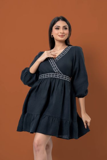 Embroidered Crossover Detail Mini Dress