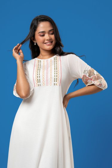 Puff Sleeve Embroidered Midi Dress