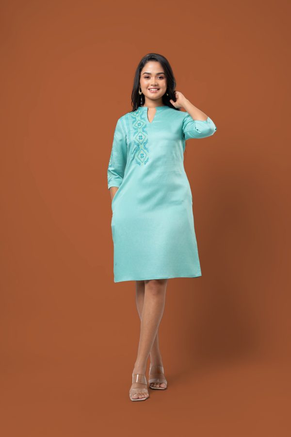 Embroidery Detail Chinese Collared Short Dress - Image 3