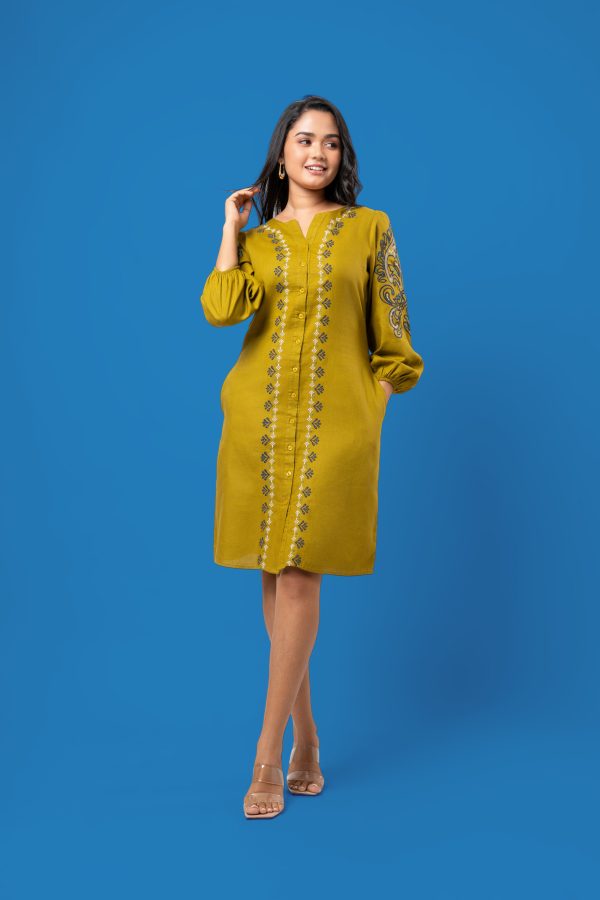 Embroidered Puff Sleeve Button-Down Short Dress - Image 3