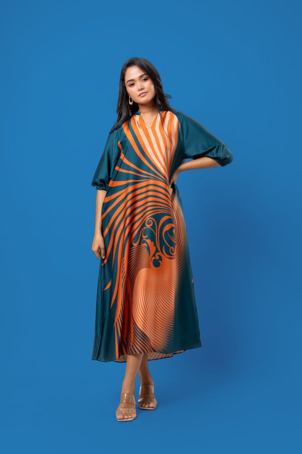 Chinese Collar Puff Sleeved Midi Dress - Image 3