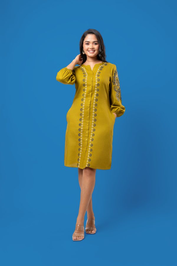 Embroidered Puff Sleeve Button-Down Short Dress - Image 4