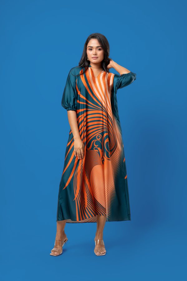 Chinese Collar Puff Sleeved Midi Dress - Image 4