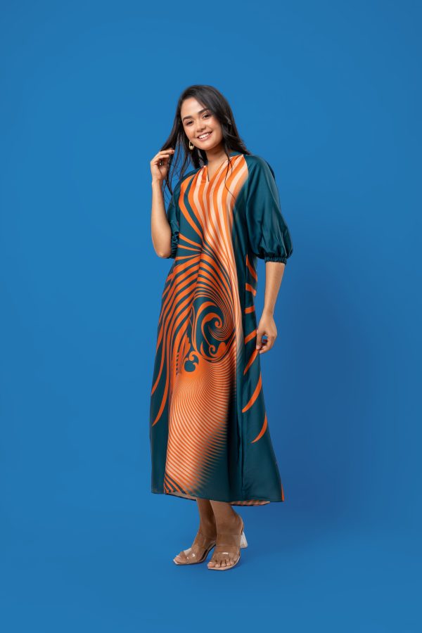 Chinese Collar Puff Sleeved Midi Dress - Image 5