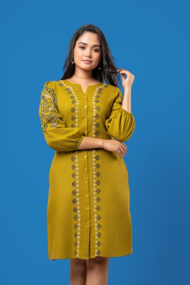 Embroidered Puff Sleeve Button-Down Short Dress
