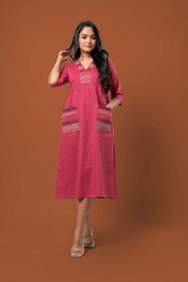 Patch Pocket Detail Embroidered Midi Dress - Image 5