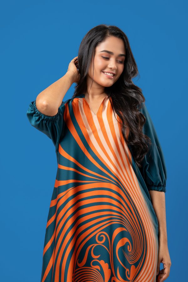 Chinese Collar Puff Sleeved Midi Dress - Image 2