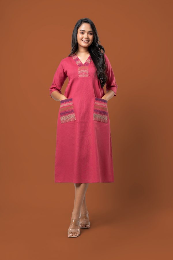 Patch Pocket Detail Embroidered Midi Dress - Image 4