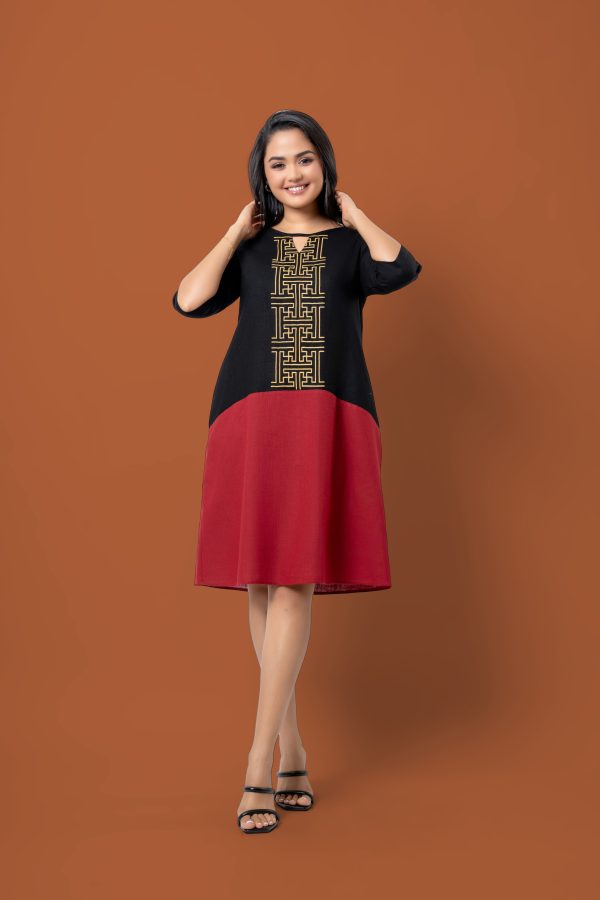 Loose Fitted Abstract Print Detail Colourblock Short Dress - Image 4