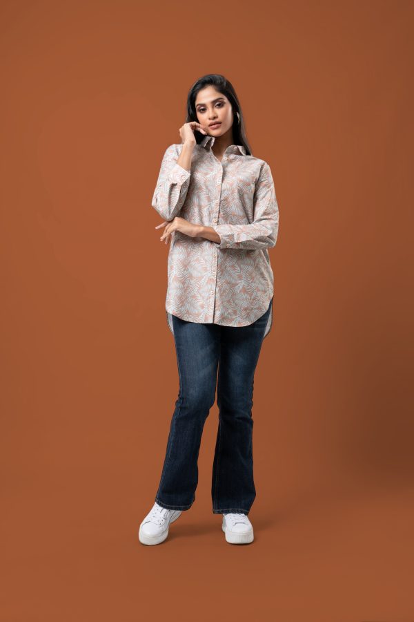 Leaf Patterned High-Low Hem Shirt Blouse - Image 5