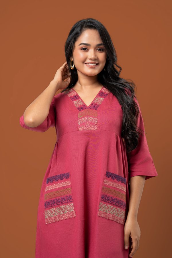Patch Pocket Detail Embroidered Midi Dress